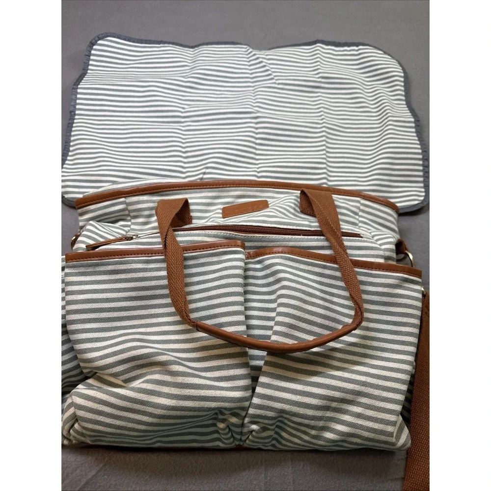 Plambag Gray Striped Diaper Bag Crossbody & Double Handles , Changing Mat